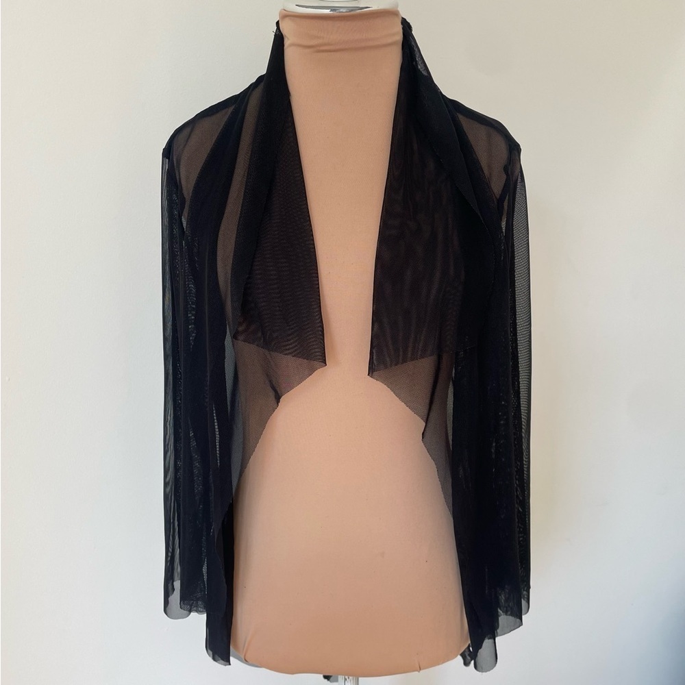 Art of Cloth Lagenlook Black Sheer Mesh Cascade Collar Open Cardigan Sweater OS
